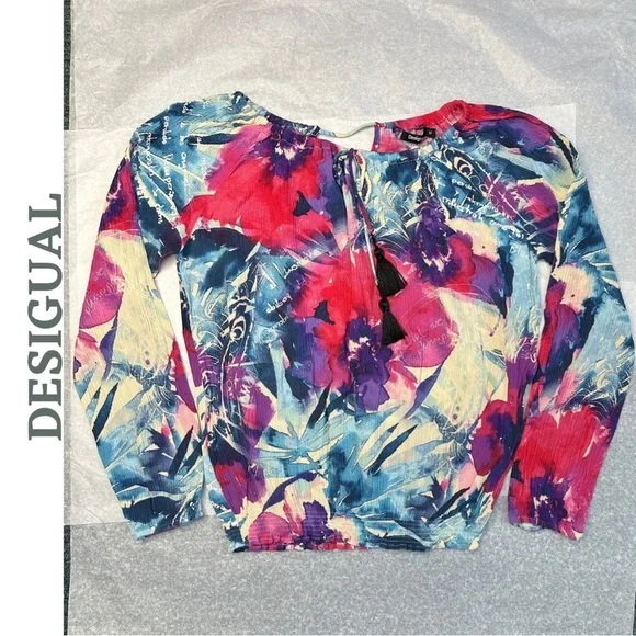 Desigual Zazil Blouse Pink Blue Oversize Floral Top Balloon Sleeve Tassel Medium - Picture 3 of 9